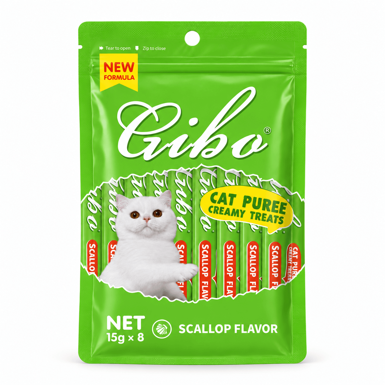 GIBO Cat Puree Creamy Treats – Scallop Flavor, 15g × 8